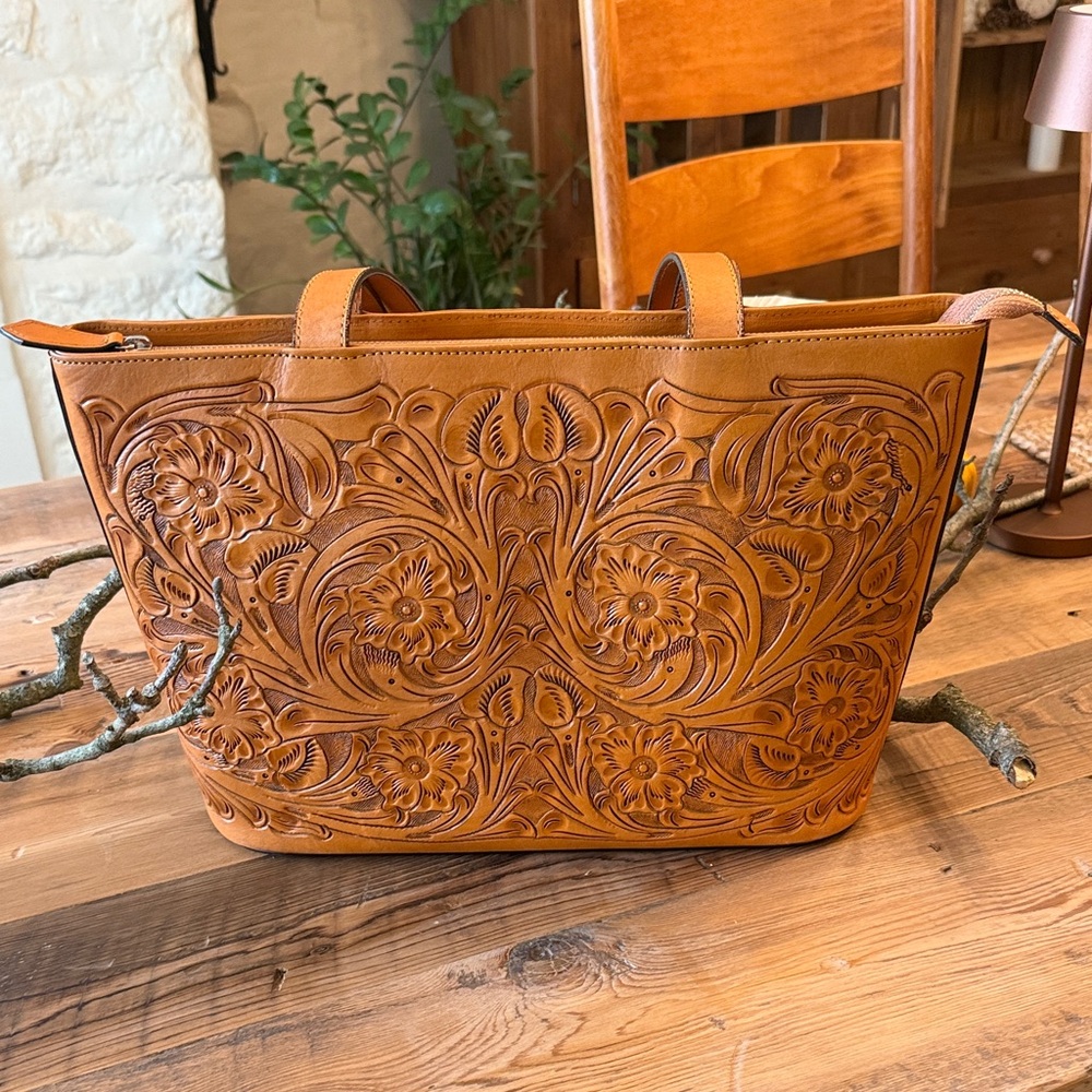 Floral Embossed Leather Tote Bag